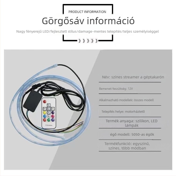 Nappali menetfények – távirányítós RGB fényvezető csík, puha PVC lemez, 12-24V, 0.2W, 0.25A, Modell: Daytime Running Lights RGB Light Guide Strip