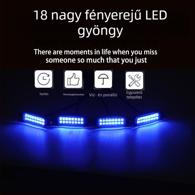 12V-os off-road LED nappali fény a grilleshez, 18 LED, sárga lencse, fekete felület fül-szerű kiemelkedésekkel, univerzális