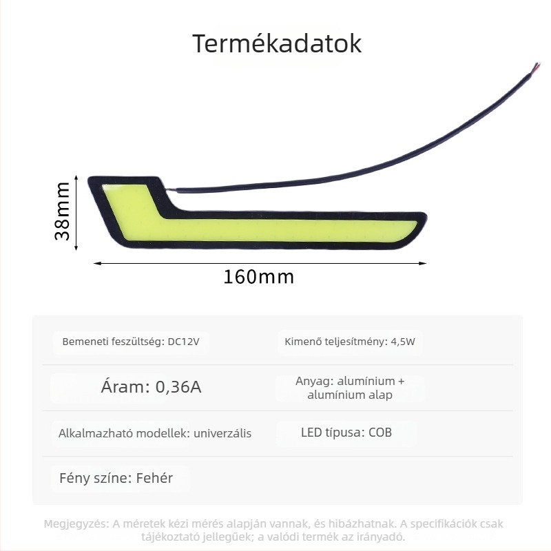 Autó LED L‑alakú DRL COB 800lm, 12V, 4.5W, vízálló, univerzális, L‑alakú ködlámpa dekoráció