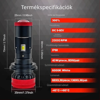 H4 LED fényszóró lencse, mindent egyben hosszú- és rövidfényhez, universal 12-24V, 40W, 9600 lm, IP68, 50 000 h