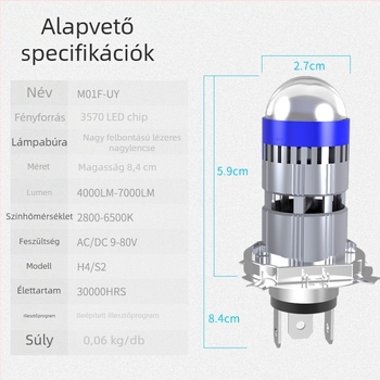 M01F LED motorkerékpár fényszóró, 12V, lencsés, kettős fény, H4 alap