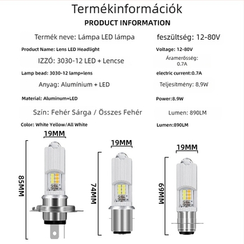 Motorkerékpár LED fényszóró kettős lencsével, modell H4/BA20D/P15D, 12–80V, IP67, 890 lm, 8.9 W
