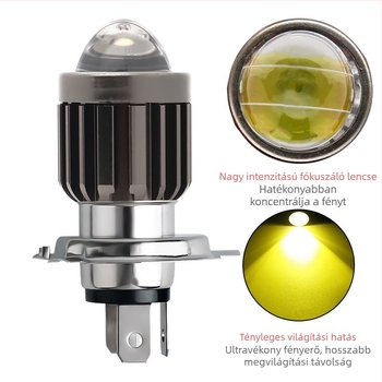 H4 motorkerékpár fényszóró, sárga és fehér két színű LED, hosszú és közeli fény, fisheye lencse, alumínium ház