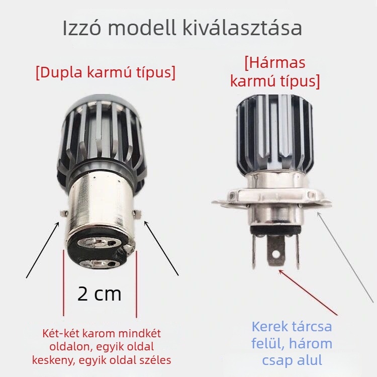 H4 motorkerékpár fényszóró, sárga és fehér két színű LED, hosszú és közeli fény, fisheye lencse, alumínium ház