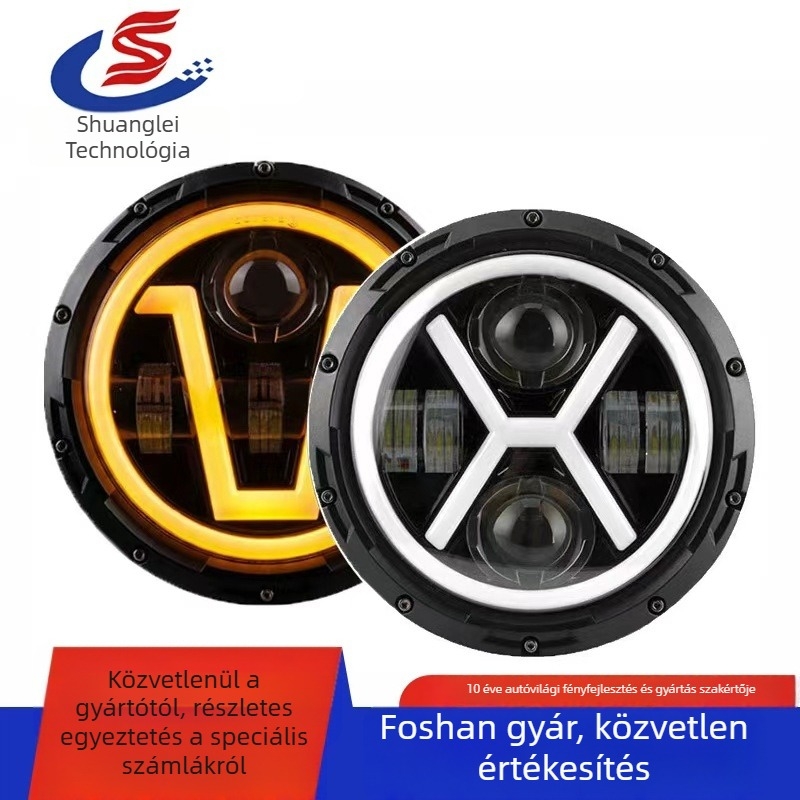 Harley motorkerékpár LED elsőfényszóró – 4 LED-es tömb, V‑alakú nappali fény és index, 12–48V, IP66, 6500lm