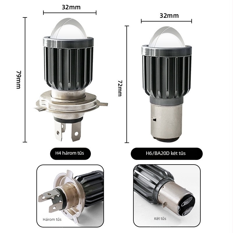 Nagy teljesítményű motorkerékpár LED fényszóró, alumínium hűtőbordás, H4 BA20D, 12V, IP68, 1000 lm, 10W