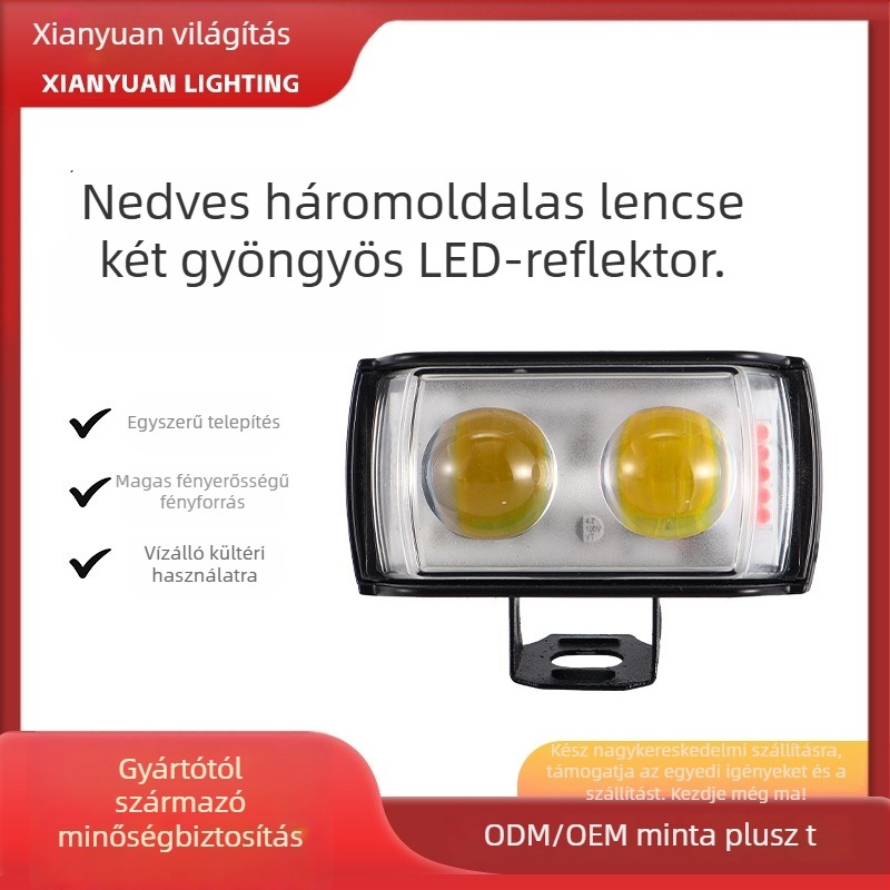 Motorkerékpár LED elsőfényszóró rövid háromoldalas lencsével és két LED-del, 12W, 8–60V, alumínium ház