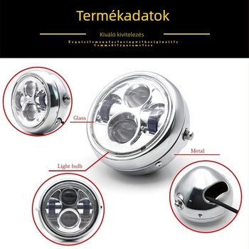 Motorkerékpár LED fényszóró – négy szem dizájn, 35W, 12V, fém ház és üvegbúra, védelmi szint A