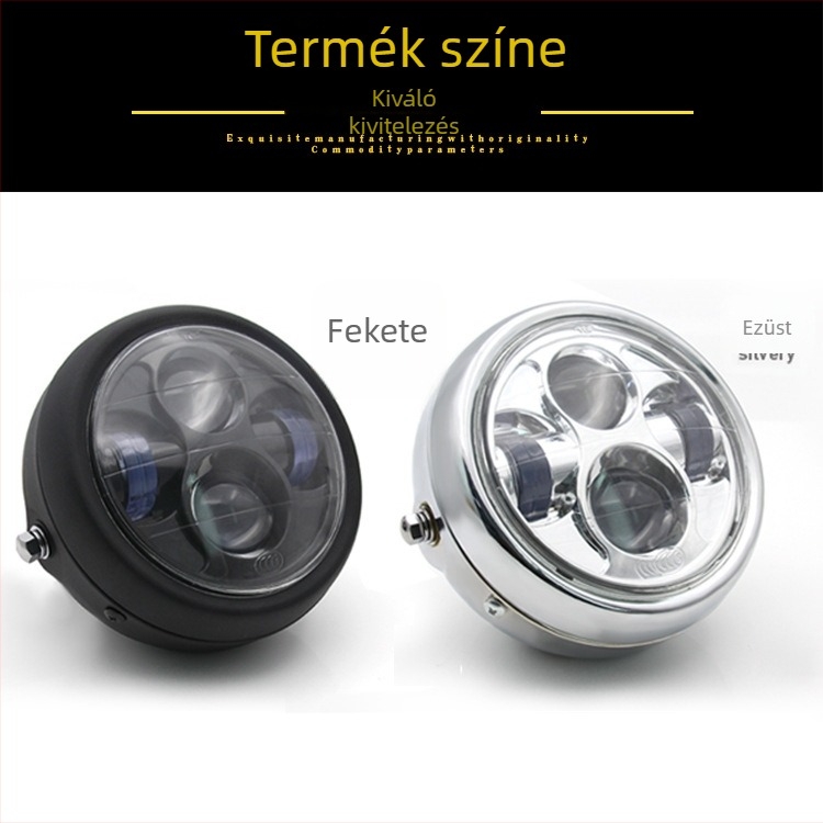 Motorkerékpár LED fényszóró – négy szem dizájn, 35W, 12V, fém ház és üvegbúra, védelmi szint A