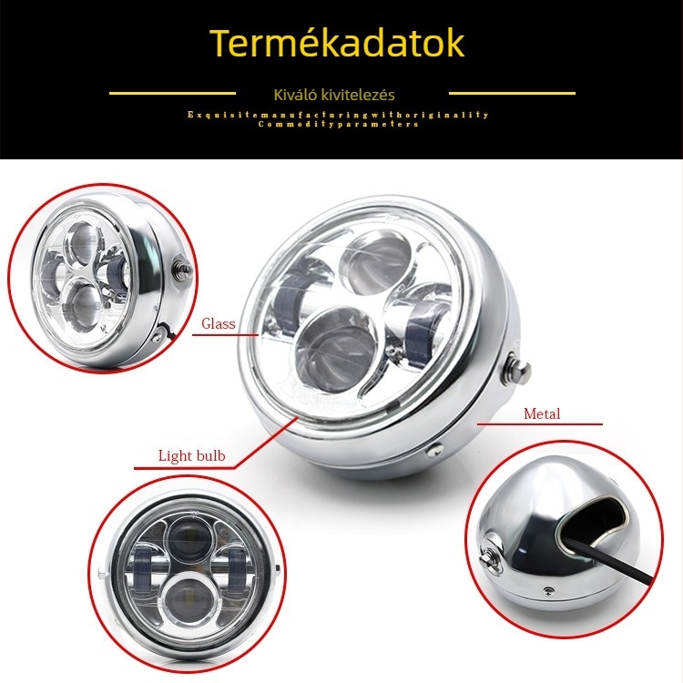 Motorkerékpár LED fényszóró – négy szem dizájn, 35W, 12V, fém ház és üvegbúra, védelmi szint A