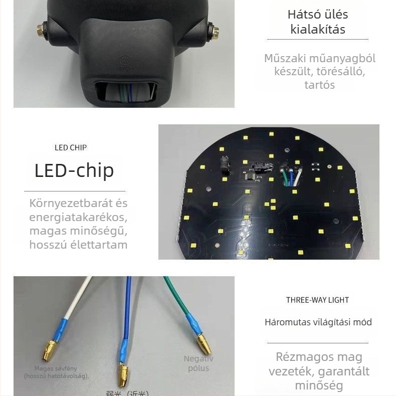 Univerzális LED első lámpa motorkerékpár/triciklihez – LED fényforrás; összeállítás nélküli egység; kompatibil automata hajtású járművekhez