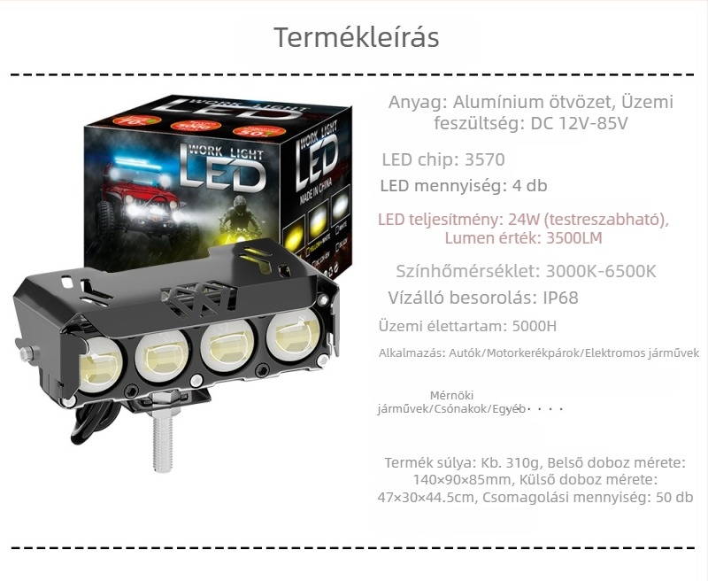 Motorkerékpár LED elsőfényszóró – off-road világítás, 24W, 14000 lm, IP68, 12-85V, alumíniumötvözet, LED 3570, Wilson