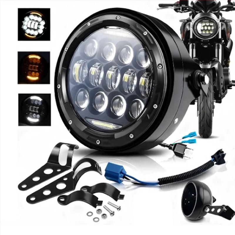 Harley-stílusú retro motorkerékpár fényszóró, alumínium házzal, LED, 9-36V bemenet, 4000 lm, H4–H13 tartó adapter