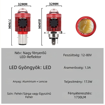 H4 motorkerékpár fényszóró fisheye lencsével és beépített ventilátorral, 5000 lm, 17,3 W, 12–80 V AC/DC, IP35