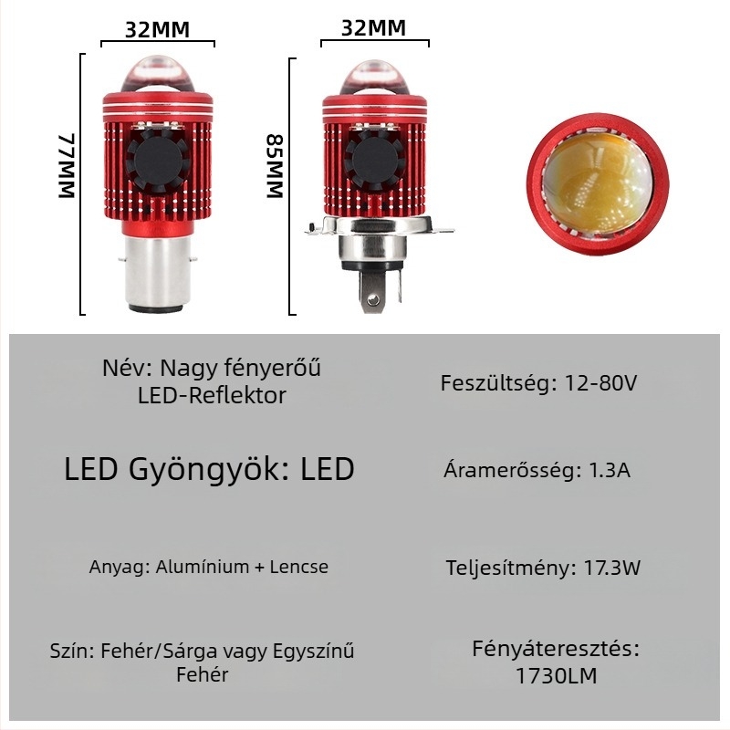 H4 motorkerékpár fényszóró fisheye lencsével és beépített ventilátorral, 5000 lm, 17,3 W, 12–80 V AC/DC, IP35