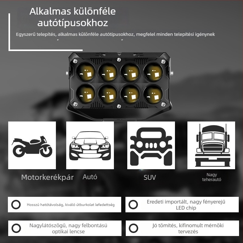 HAIZG Motorkerékpár LED fényszóró ventilátorral, 8 LED-del, sárga–fehér kettős szín, távoli és közeli fény