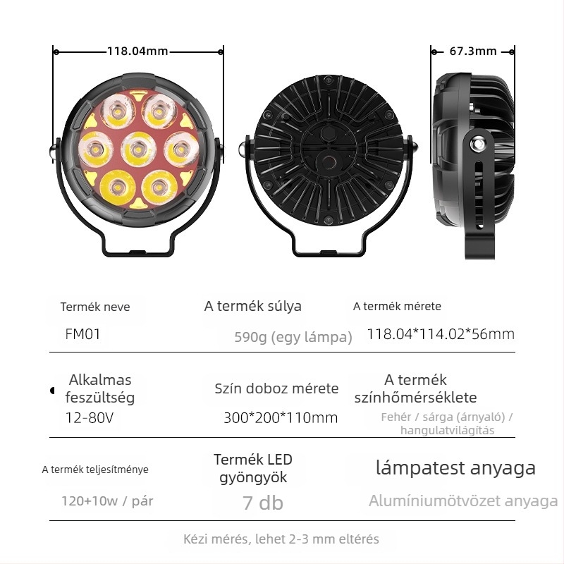 Motorkerékpár LED fényszóró kör lencsével, hét LED-del, 120W páranként, 8500lm, IP67, 10-80V