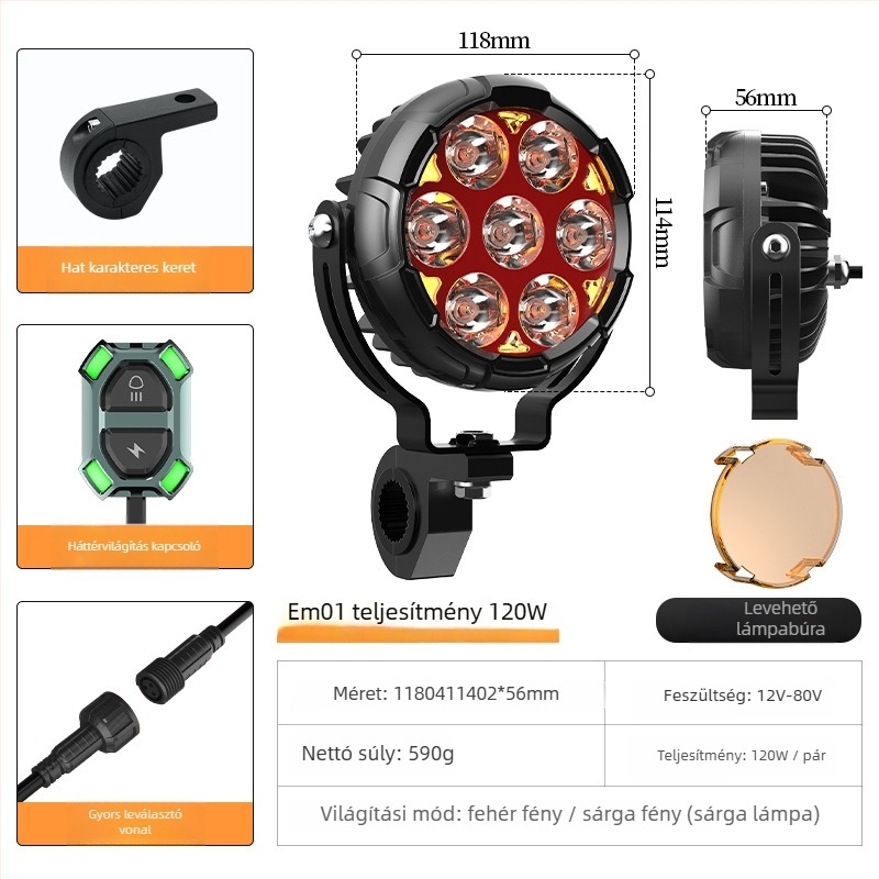 Motorkerékpár LED fényszóró kör lencsével, hét LED-del, 120W páranként, 8500lm, IP67, 10-80V