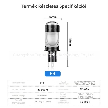 TGZ Motorkerékpár LED fényszóró H4 dupla lencsével és ventilátorral, 5760 lm, 48 W, fehér-sárga kettősszínű világítás, plug-and-play