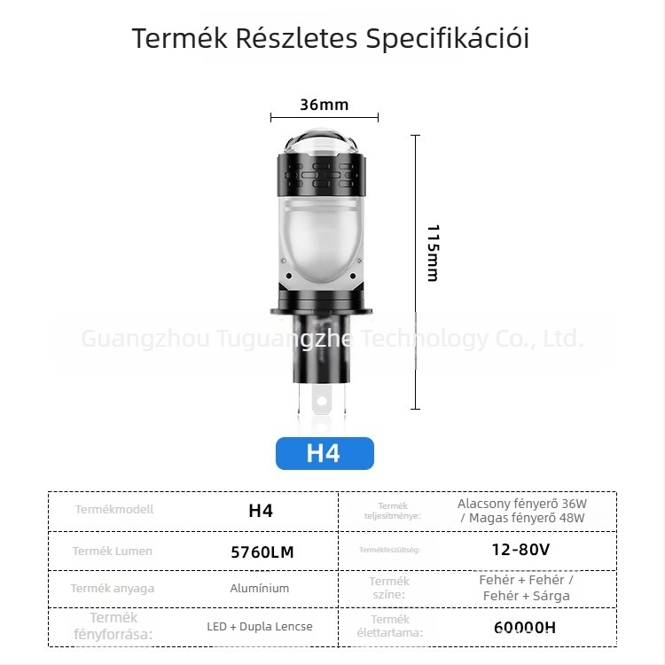 TGZ Motorkerékpár LED fényszóró H4 dupla lencsével és ventilátorral, 5760 lm, 48 W, fehér-sárga kettősszínű világítás, plug-and-play