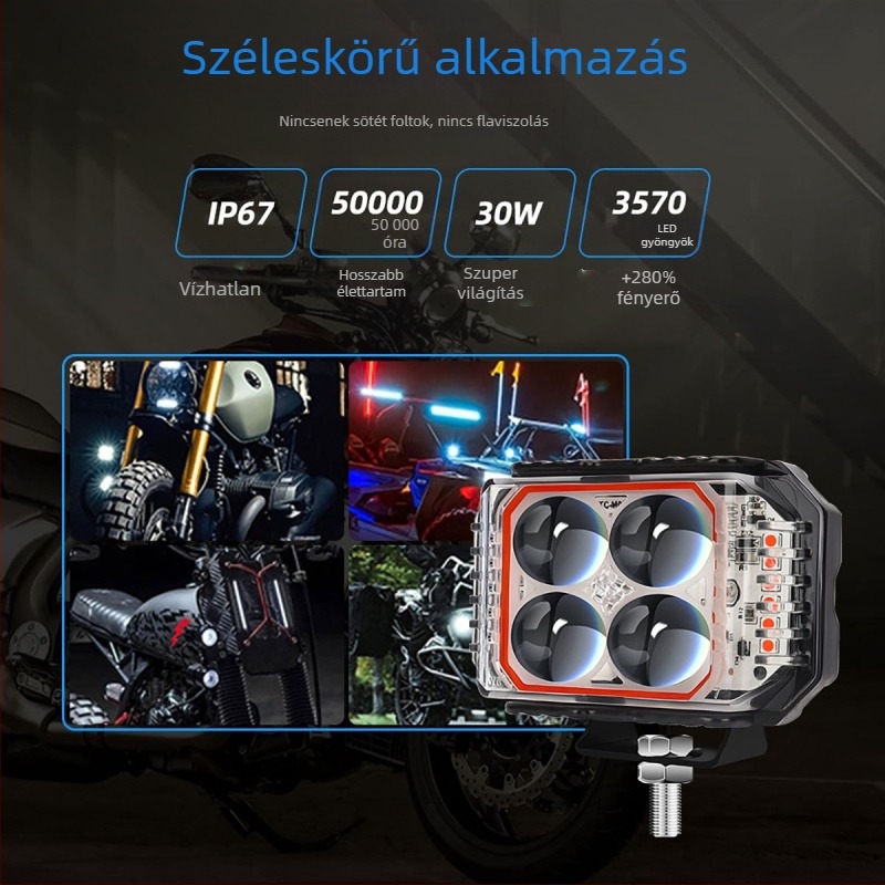 Háromoldalú négylevelű lóhere LED motorkerékpár-fényszóró, 12V, IP67, alumínium ház, 3570 LED