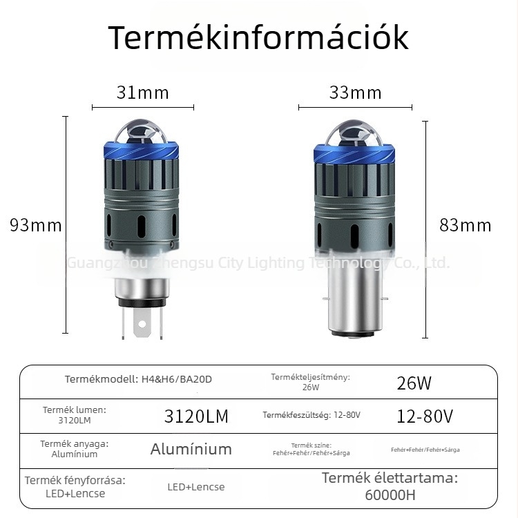 Motorkerékpár LED fényszóró lencsével, H4/H6, integrált magas és alacsony fény