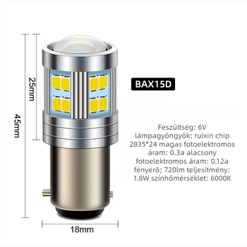 BAX15D LED motorkerékpár fényszóró lencsével, 24×2835 LED, 6V, 5000 lm, 1.8W, alumínium ház, IP65