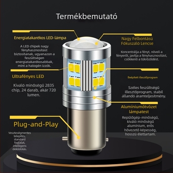 BAX15D LED motorkerékpár fényszóró lencsével, 24×2835 LED, 6V, 5000 lm, 1.8W, alumínium ház, IP65