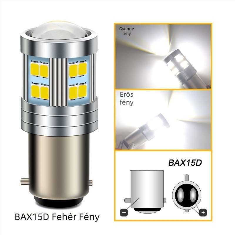 BAX15D LED motorkerékpár fényszóró lencsével, 24×2835 LED, 6V, 5000 lm, 1.8W, alumínium ház, IP65