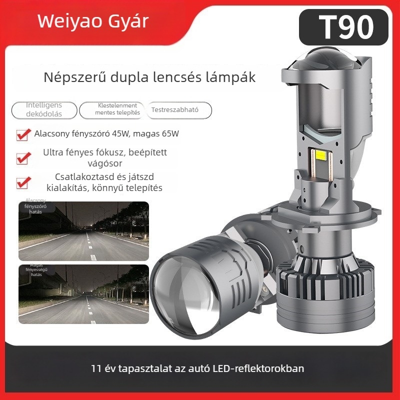 H4 LED autólámpa kettős lencsével, modell T90, 6000 lm, 12-24 V, IP68