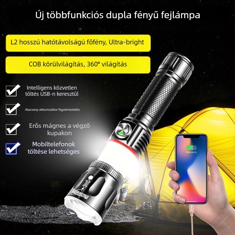 Autóreparációs munkalámpa, LED, mágneses alap, USB töltés, 360° forgás, 20W, 4800mAh