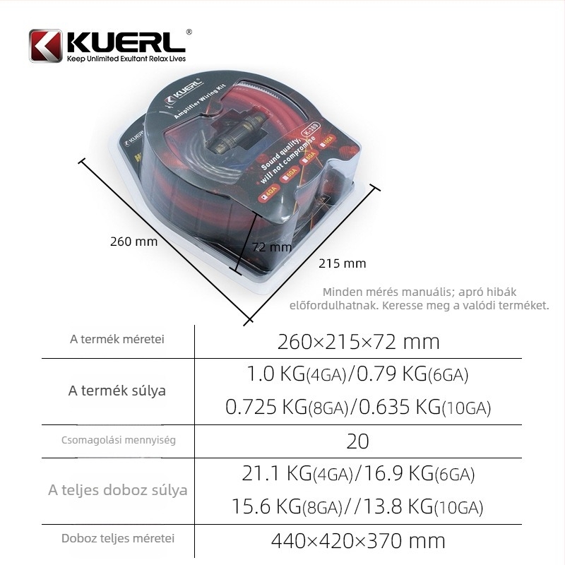 Autóhifi erősítő kábelkészlet, subwooferhez, 10/8/6/4 AWG