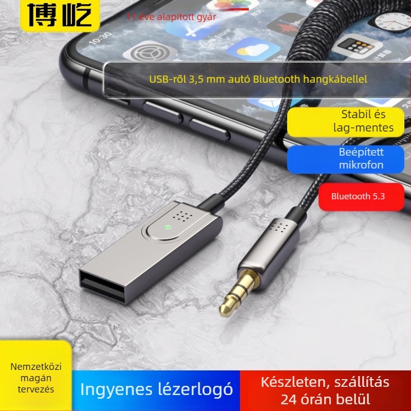 BY301 autó AUX Bluetooth adapter kábel USB és 3.5 mm-es csatlakozóval, Bluetooth 5.0, alumíniumötvözet ház, univerzális autó audio kompatibilitás, beépített szilikon mikrofon
