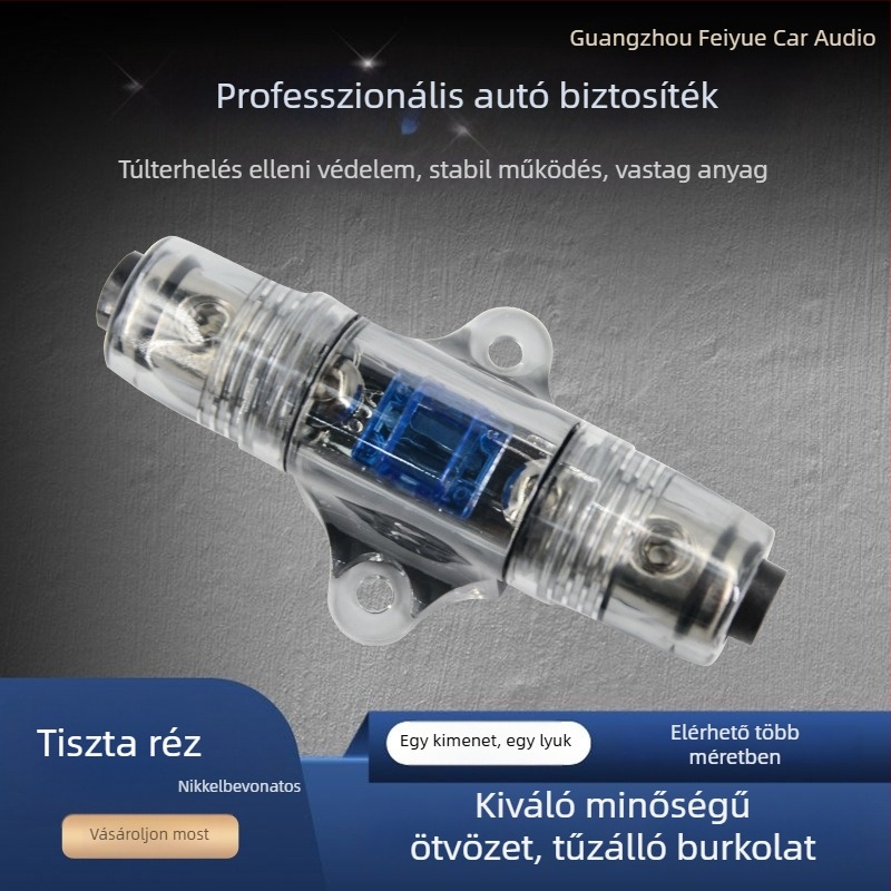 Autóhifi kiegészítő: 60A inline biztosítótartó autóházhoz, réz vezető, tömeg 0,2 kg, rövidzárlat elleni védelem