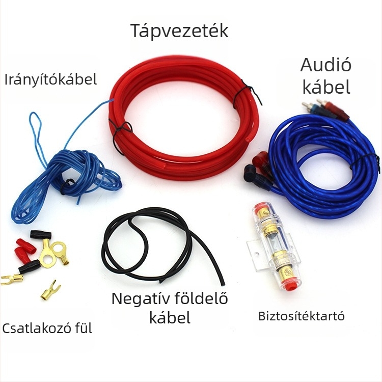 Autóhifi kábeles készlet erősítőhöz és mélynyomóhoz — 10 AWG táplálókábel, hangkábel, vezérlővezeték (Universális kompatibilitás)