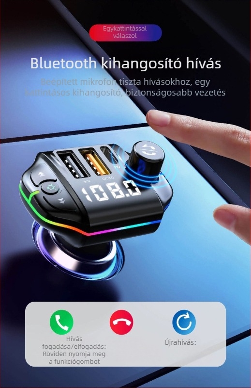 Autó Bluetooth MP3 lejátszó FM transmitterrel és dupla USB töltővel — ABS ház, 12V bemenet, 75W teljesítmény, kompatibilis a legtöbb autóval