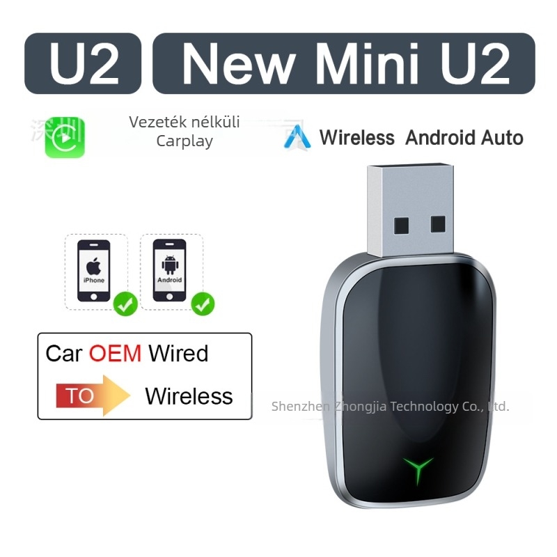 MINI U2 CarPlay/Android Auto Vezeték nélküli Frissítő Doboz Eredeti Autókhoz — USB-C Interfész, 5V Tápellátás, Vezetékesről Vezeték Nélküli Átalakítás