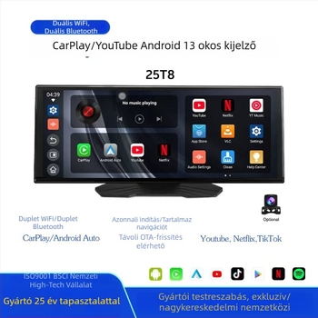 Autó navigációs rendszer kettős Wi‑Fi‑val és Bluetooth‑kal, YouTube, CarPlay és Android 13, HD 1920x720 kijelző, 12–24V tápegység