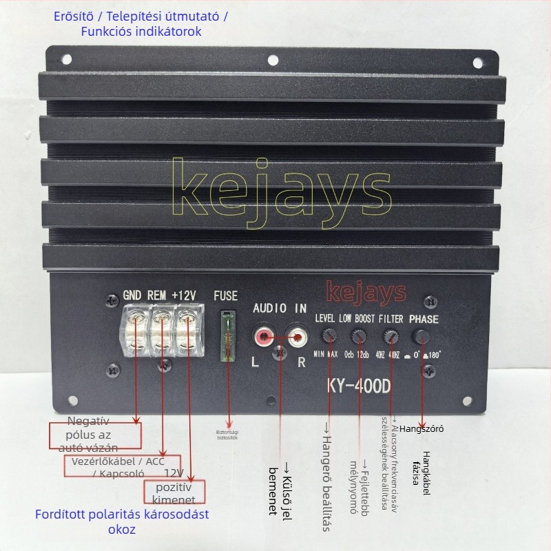 Koji KY-400D Class D autóhifi erősítő, 12V, 1000W, 4 Ω, torzítás 0,1%, érzékenység 90 dB