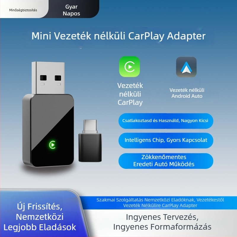 Vezeték nélküli CarPlay adapter autókhoz, amelyekben vezetékes CarPlay vagy Android Auto található, ABS ház, Android 8.0 előre telepítve, TF-kártya 256GB-ig, 5V/0.75W tápegység