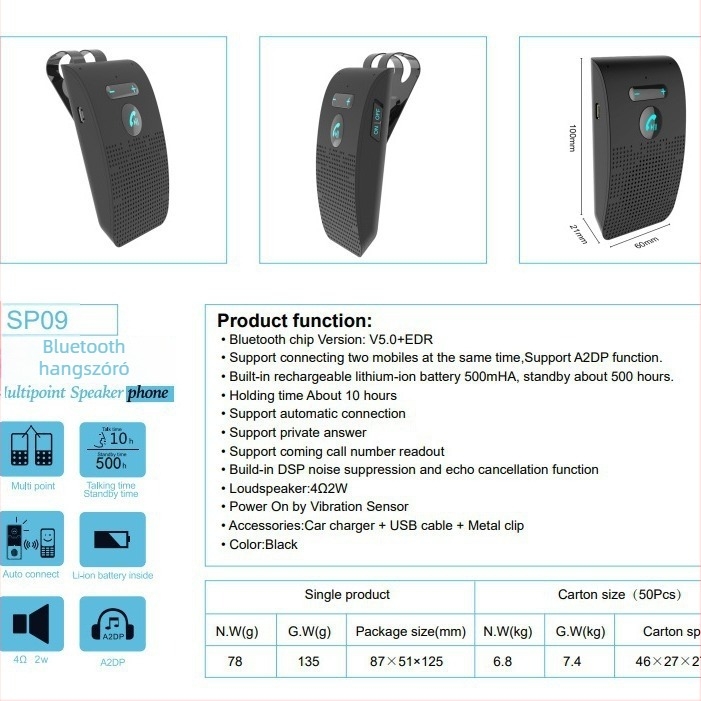 SP09 Bluetooth Hands-Free autóhoz napellenzővel, V5.0 automatikus bekapcsolás és kikapcsolás