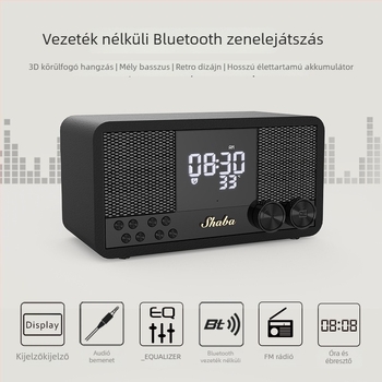 Retro fából készített Bluetooth hangszóró FM rádióval, órával és ébresztővel