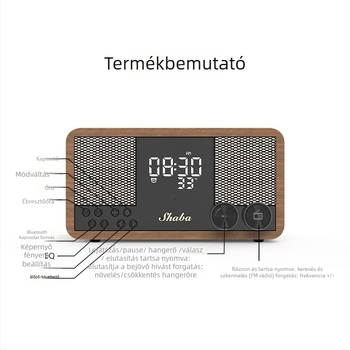 Retro fából készített Bluetooth hangszóró FM rádióval, órával és ébresztővel