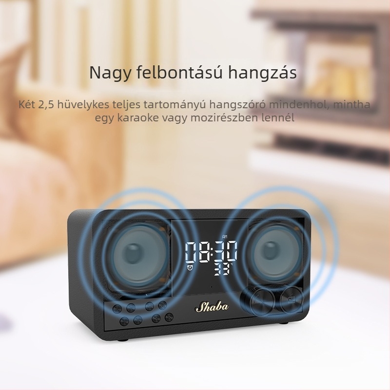 Retro fából készített Bluetooth hangszóró FM rádióval, órával és ébresztővel