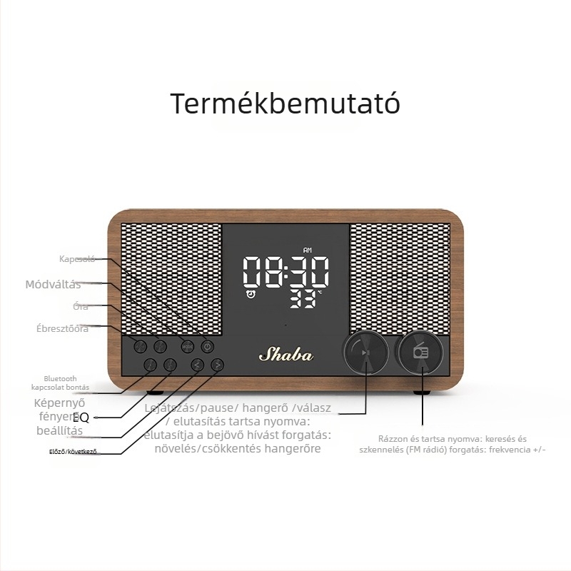 Retro fából készített Bluetooth hangszóró FM rádióval, órával és ébresztővel