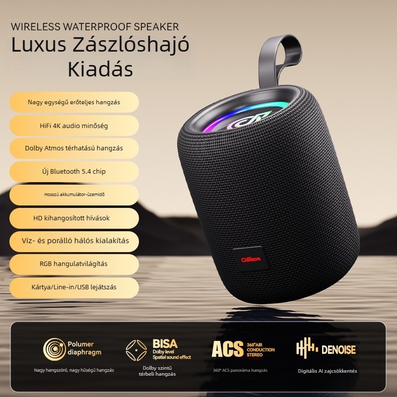 Kültéri hordozható vezeték nélküli Bluetooth hangszóró, vízálló hálós rács, mély basszusú szubwoofer, ritmikus hangulatvilágítás, memóriakártya bemenet, TWS hangzás