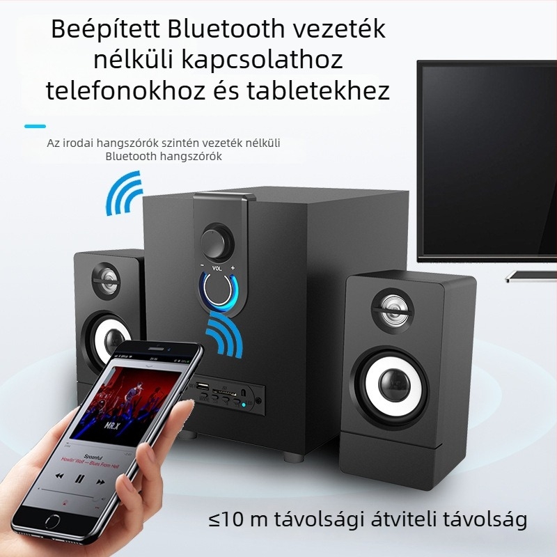 Faanyagú 2.1 multimédiás aktív Bluetooth számítógép hangszóró USB és 3,5 mm bemenettel, Bluetooth 5.0, 10W+3W×2