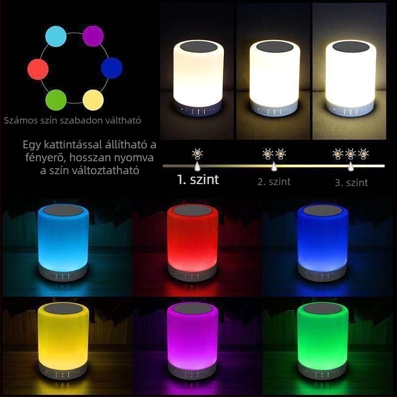Bluetooth hangszóró érintéses éjjeli fény, kártyahely, színváltó LED világítás, hordozható mini hangszóró