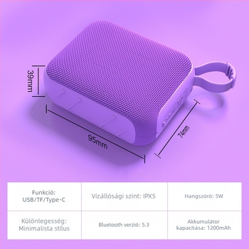 Kompakt Bluetooth hangszóró, mini hordozható kültéri zene, mély basszus, vezeték nélküli kiváló hangzás, IPX5 vízálló, beépített akkumulátor 1000–1200mAh, 5W, Bluetooth 5.3