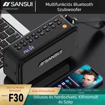Sansui F30 hordozható FM rádió Bluetooth hangfallal — frekvenciatartomány 100Hz-20kHz, SNR ≥75 dB, kimeneti teljesítmény 12W, 5V tápellátás, beépített akkumulátor 2000-4000mAh